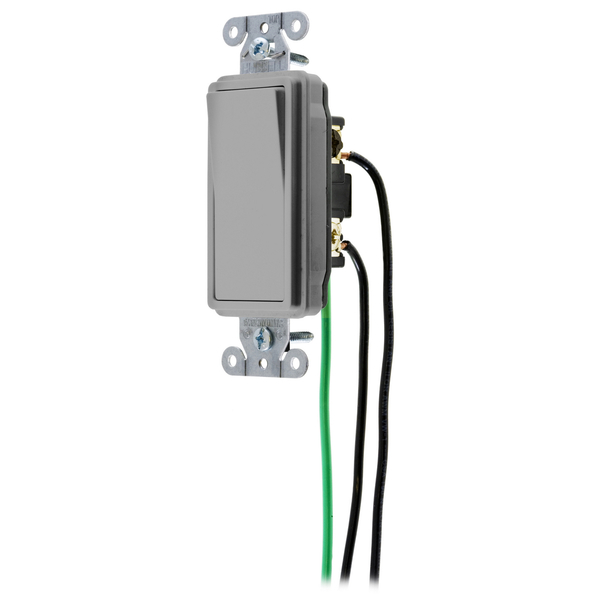 Hubbell Wiring Device-Kellems Spec Grade, Decorator Switches, General Purpose AC, Three Way, 15A 120/277V AC, Back and Side Wired, Pre-Wired with 8" #12 THHN DSL315GY